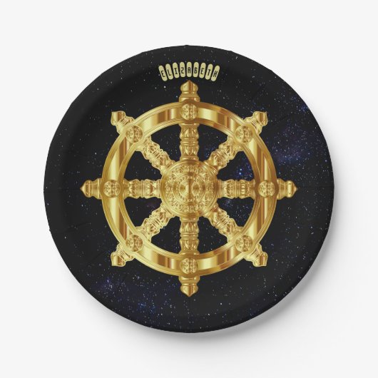 Golden Dharma Wheel Boeddhisme en hindoïsme Papieren Bordje (Voorkant)