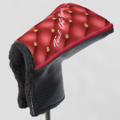 Golden Diamond Tufted Leather Custom Text Name Red Golfheadcover (3/4 voorkant)