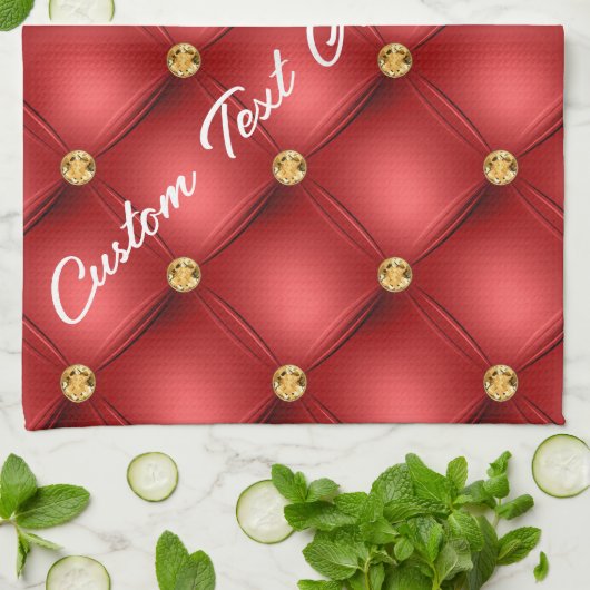 Golden Diamond Tufted Leather Custom Text Name Red Theedoek (Gevouwen)