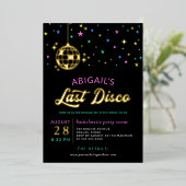 Golden Disco Ball Stars Bachelorette Last Disco Folie Uitnodiging (Staand Voorkant)