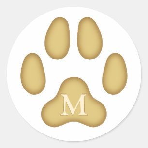 Golden Dog Paw Print Personeelsmonogram Ronde Sticker