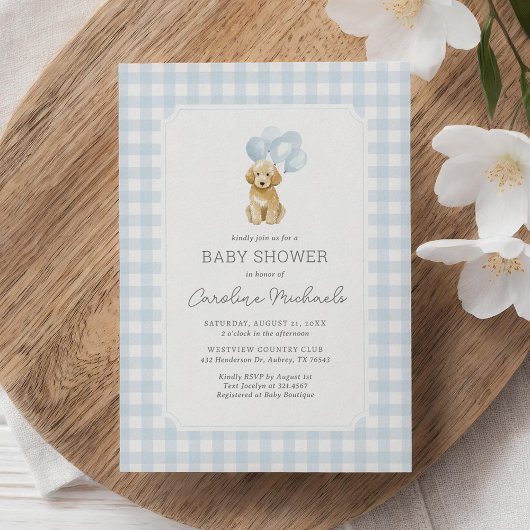 Golden Doodle Blue Gingham Baby shower Kaart