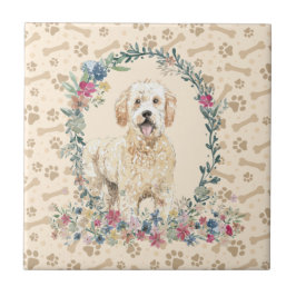 Golden Doodle Dog Paw Print Floral Cute Beige Tegeltje