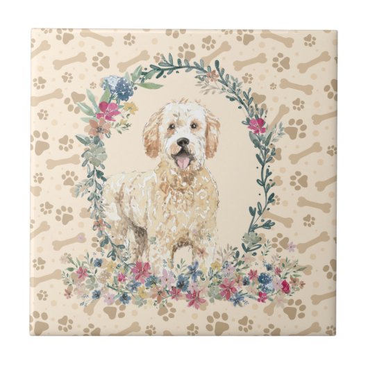 Golden Doodle Dog Paw Print Floral Cute Beige Tegeltje (Voorkant)