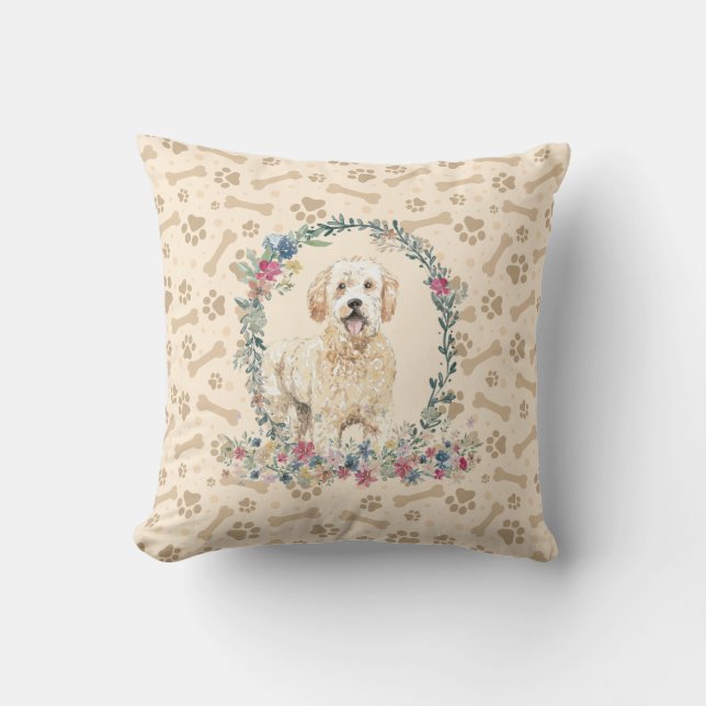 Golden Doodle Dog Paw Print & Floral Cute Kussen (Voorkant)