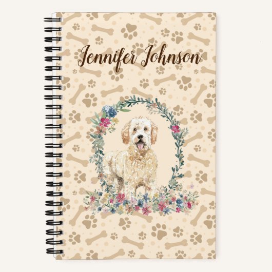Golden Doodle Dog Paw Print & Floral Cute Notitieboek (Voorkant)