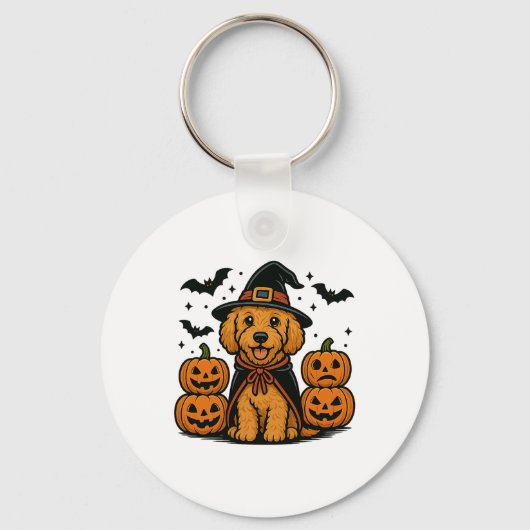 Golden Doodle Halloween Witch Pumpkins Vleermuizen Sleutelhanger (Voorkant)