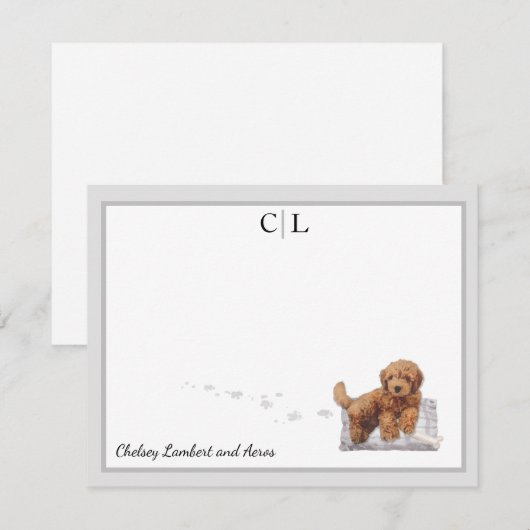 Golden Doodle Puppy Dog Gray Border Monogram Naam  Notitiekaartje (Voorkant / Achterkant)
