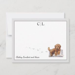 Golden Doodle Puppy Dog Gray Border Monogram Naam  Notitiekaartje