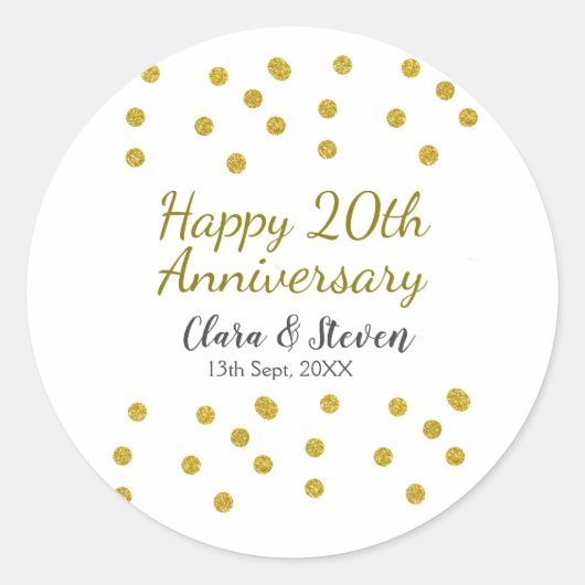 Golden dots glitter happy 20th anniversary wedding ronde sticker (Voorkant)