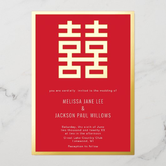 Golden Double Luck Chinese bruiloft Folie Uitnodig Folie Uitnodiging (Voorkant)