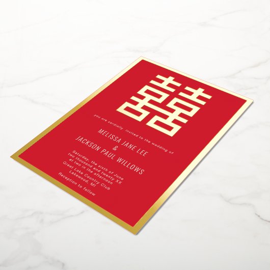 Golden Double Luck Chinese bruiloft Folie Uitnodig Folie Uitnodiging (Gedraaid)