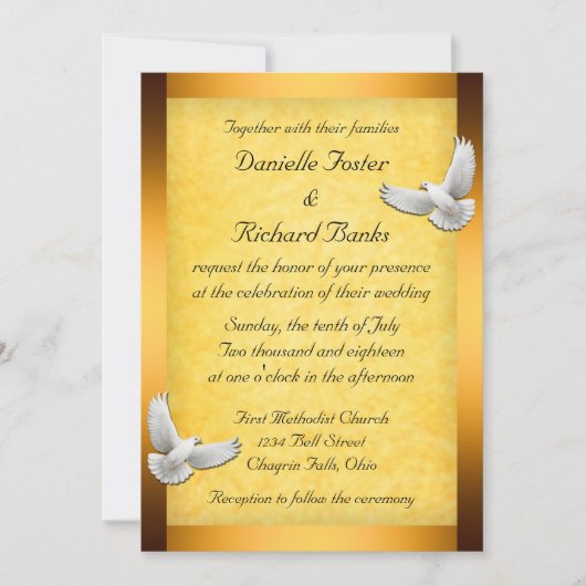 Golden Doves Wedding Invitation Kaart (Voorkant)