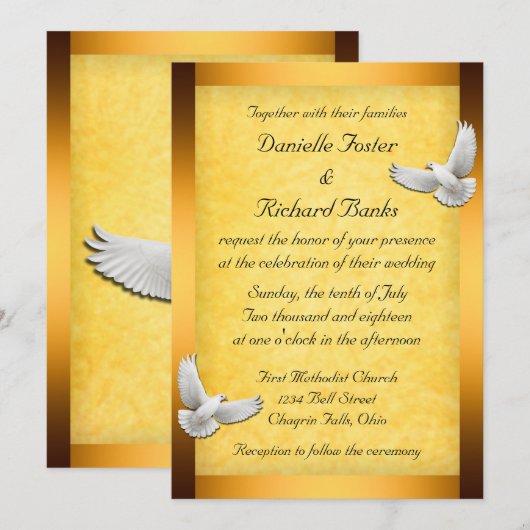 Golden Doves Wedding Invitation Kaart (Voorkant / Achterkant)