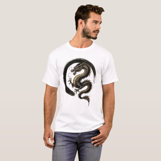 Golden Dragon and Enso Circle - Japanese Zen Art T-shirt (Voorkant volledig)