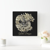 Golden Dragon Black and Gold Elegant Add Name Vierkante Klok (Huis)