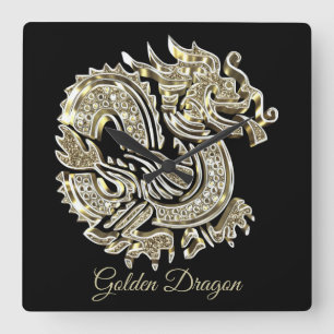 Golden Dragon Black and Gold Elegant Add Name Vierkante Klok