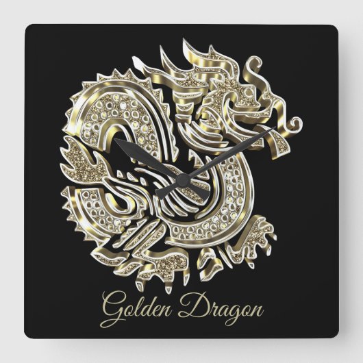 Golden Dragon Black and Gold Elegant Add Name Vierkante Klok (Voorkant)