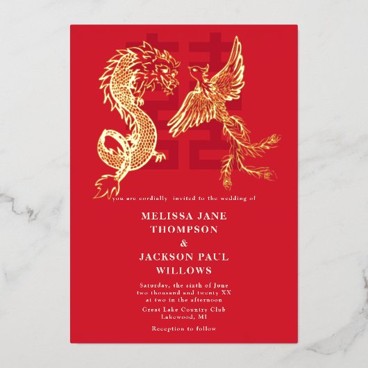 Golden Dragon en Phoenix Chinese bruiloft Folie Uitnodiging (Voorkant)