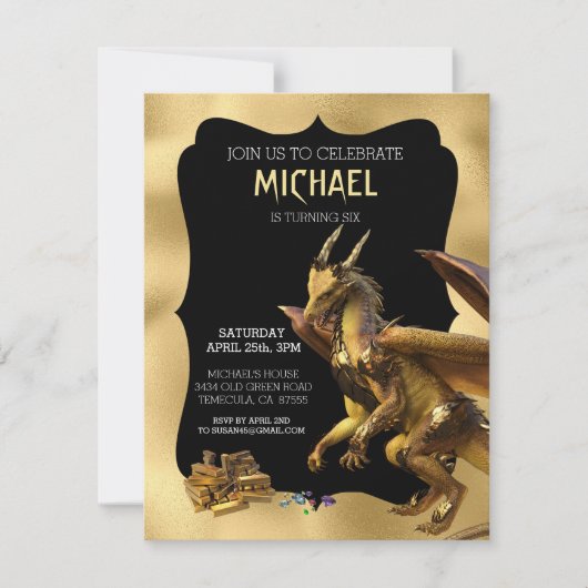 Golden Dragon Fantasy Birthday Invitation Kaart (Voorkant)
