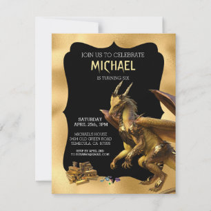 Golden Dragon Fantasy Birthday Invitation Kaart