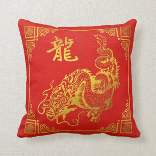 Golden Dragon Feng Shui-symbool op Faux Leather Kussen