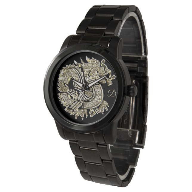 Golden Dragon Logo Monogram Elegant toevoegen Horloge (Gekanteld)