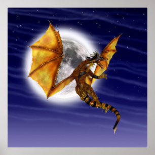 Golden Dragon Mythical Fantasy Creature Paarse luc Poster