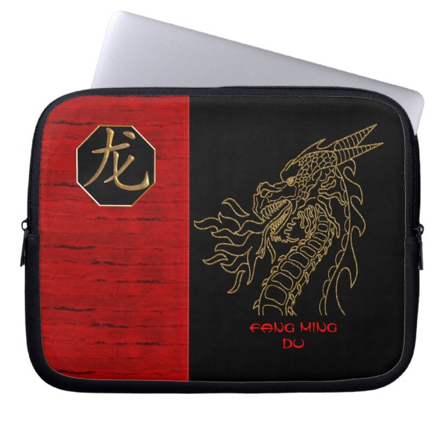 Golden Dragon op zwart en rood - gepersonaliseerd Laptop Sleeve (Voorkant)