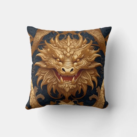 Golden Dragon Portret op Deep Blue Kussen (Achterkant)