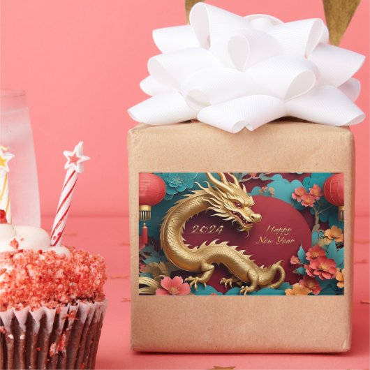 Golden Dragon Spectacle Chinees Nieuwjaar Rechthoekige Sticker (Feest)