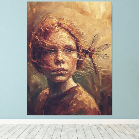 Golden Dragonfly Whisper – Warm Impressionist Oil  Canvas Afdruk (Insitu (Houten vloer))