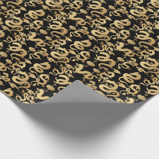 Golden Dragons Patroon Zwart BG Cadeaupapier (Hoek)