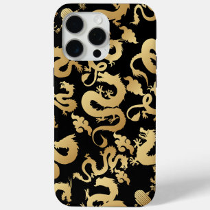 Golden Dragons Patroon Zwart BG iPhone 15 Pro Max Hoesje