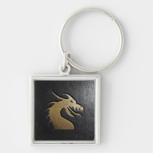 Golden drakensilhouet op zwart leder sleutelhanger (Voorkant)