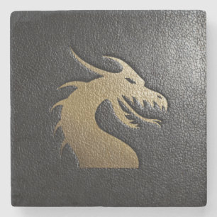 Golden drakensilhouet op zwart leder stenen onderzetter