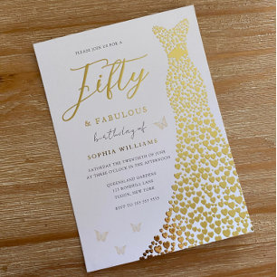 Golden Dress 50th and Fabulous 50th Birthday Party Folie Uitnodiging