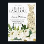 Golden Dress Fiftieth & Fabulous 50th Birthday Kaart<br><div class="desc">Golden Dress Fiftieth & Fabulous 50th Birthday Party Invitation Beauful White Champagne Floral Bekijk collectie in Niche en Nest Store Veel bedankt</div>
