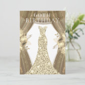 Golden Dress Flowers Elegant 60th Birthday Party Kaart (Staand voorkant)