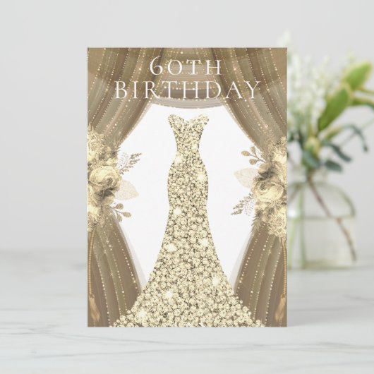Golden Dress Flowers Elegant 60th Birthday Party Kaart (Staand voorkant)