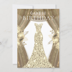 Golden Dress Flowers Elegant 60th Birthday Party Kaart