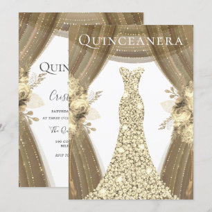 Golden Dress & Flowers Elegant Quinceanera Kaart