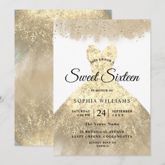 Golden Dress Gold Sweet 16 Birthday Party Kaart (Voorkant / Achterkant)