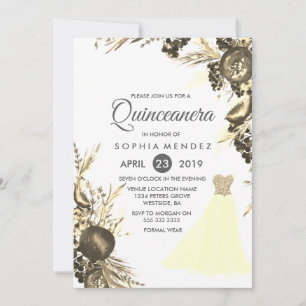 Golden Dress Gown Floral Quinceanera Kaart