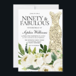 Golden Dress Ninety & Fabulous 90th Birthday Kaart<br><div class="desc">Golden Dress Ninety & Fabulous 90th Birthday Invitation Beauful White Champagne Floral Zie bijbehorend collectie in Niche en Nest Store Veel bedankt</div>