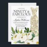 Golden Dress Ninety & Fabulous 90th Birthday Kaart<br><div class="desc">Golden Dress Ninety & Fabulous 90th Birthday Invitation Beauful White Champagne Floral Zie bijbehorend collectie in Niche en Nest Store Veel bedankt</div>