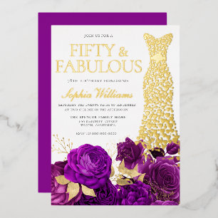 Golden Dress Paarse Floral 50th Birthday Party Folie Uitnodiging