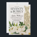 Golden Dress zevy & Bubble 70th Birthday Party Kaart<br><div class="desc">Golden Dress 70y & Bubble 70th Birthday Party Invitation Beauful White Champagne Floral Zie bijbehorend collectie in Niche en Nest Store Veel bedankt</div>