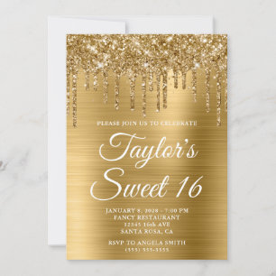 Golden Dripping Glitter Gold Foil Sweet 16 Kaart