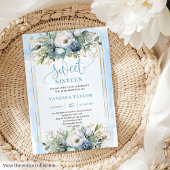 Golden Dusty Blue White Floral Sweet 16 Invitation Kaart
